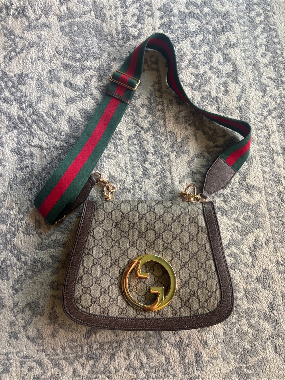Gucci Beige GG Canvas Crossbody with Brown Trim and Green-Red Web Strap